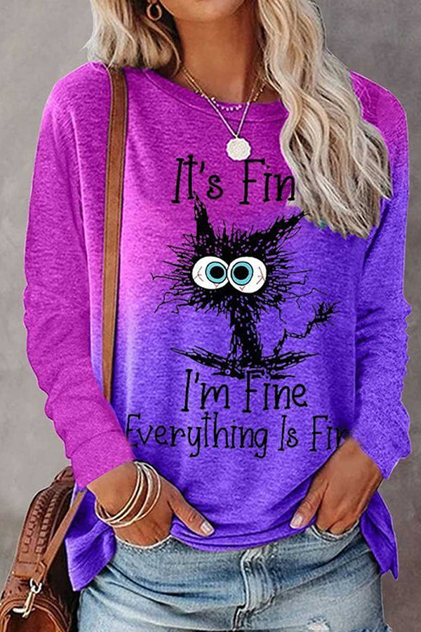 Womens It's Fine I'm Fine Everything is Fine Funny Cat Long Sleeve V-Neck T-Shirt