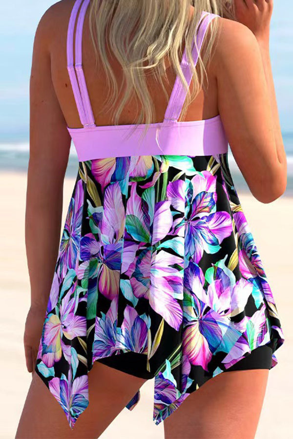 Purple Printed Swimsuit Two-Piece Set