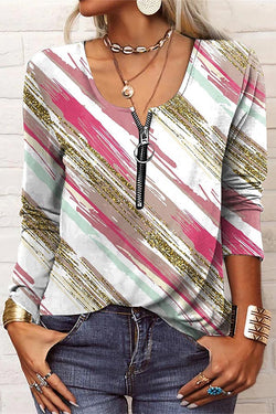 Zippered Long Sleeve Striped T-Shirt