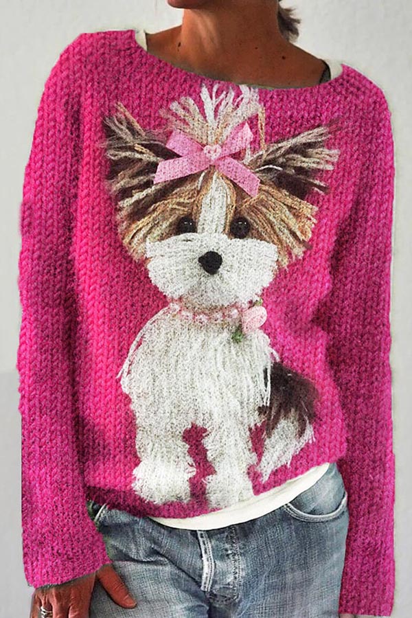 3d Dog Pattern Long Sleeve Women's Sweater