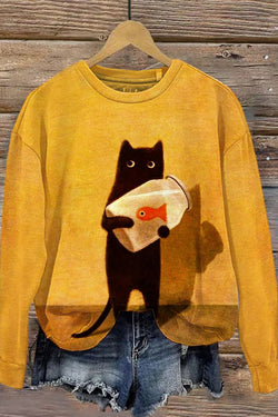 Cat Holding Goldfish Bowl Art Sweatshirt