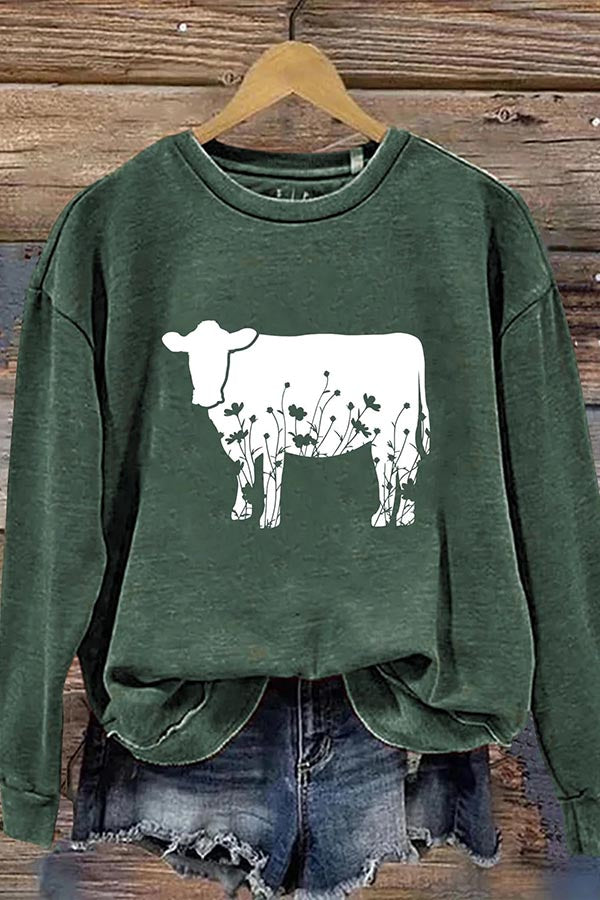 Flower Cow Art Design Print Casual Sweatshirt