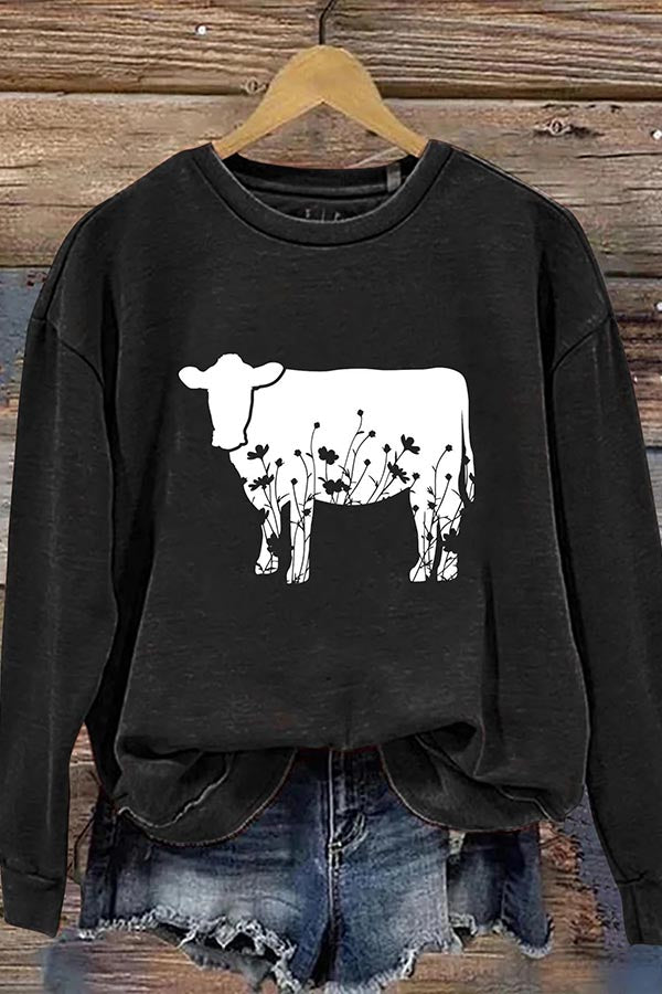 Flower Cow Art Design Print Casual Sweatshirt