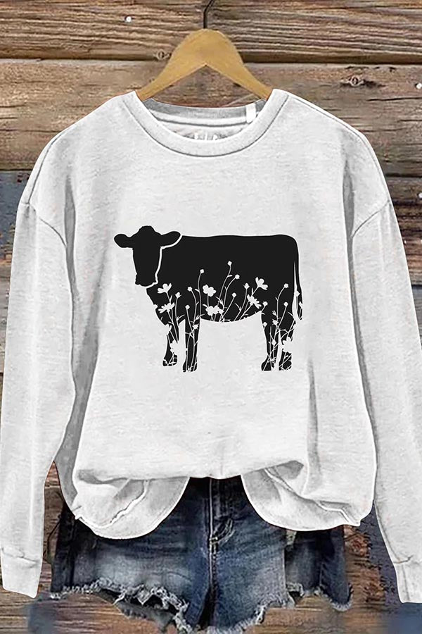 Flower Cow Art Design Print Casual Sweatshirt