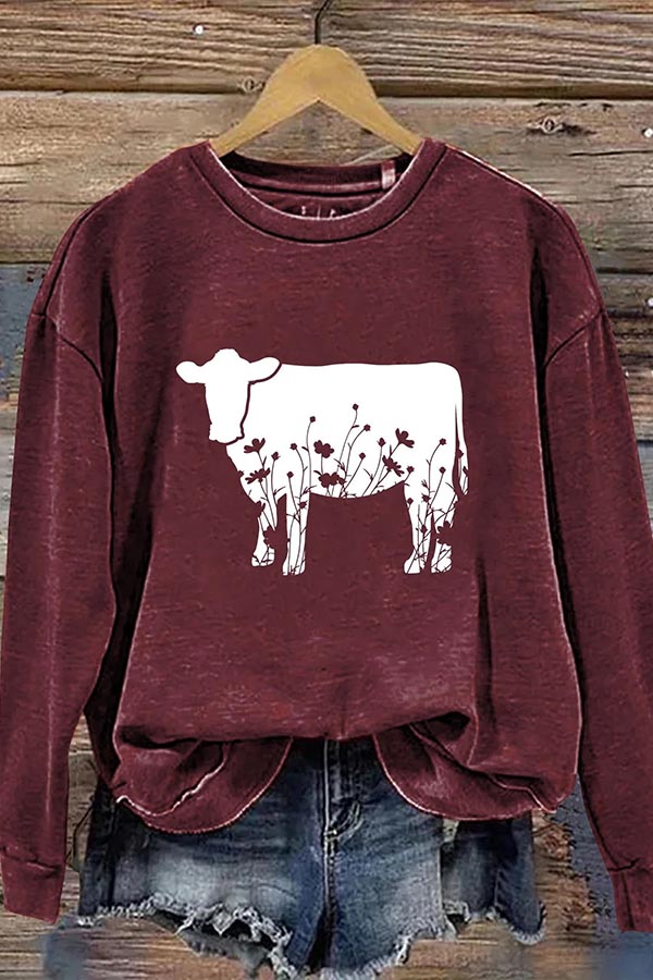 Flower Cow Art Design Print Casual Sweatshirt