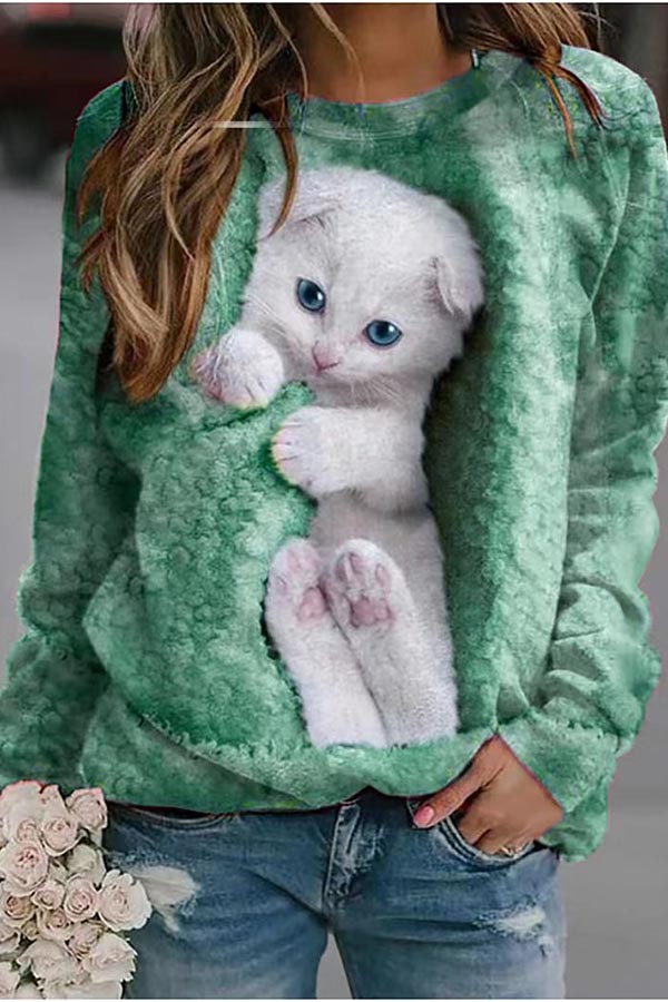 Cute Cat Print 100% Cotton Sweatshirt