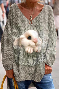 Women's Funny Rabbit 3D Print V Neck Sweater