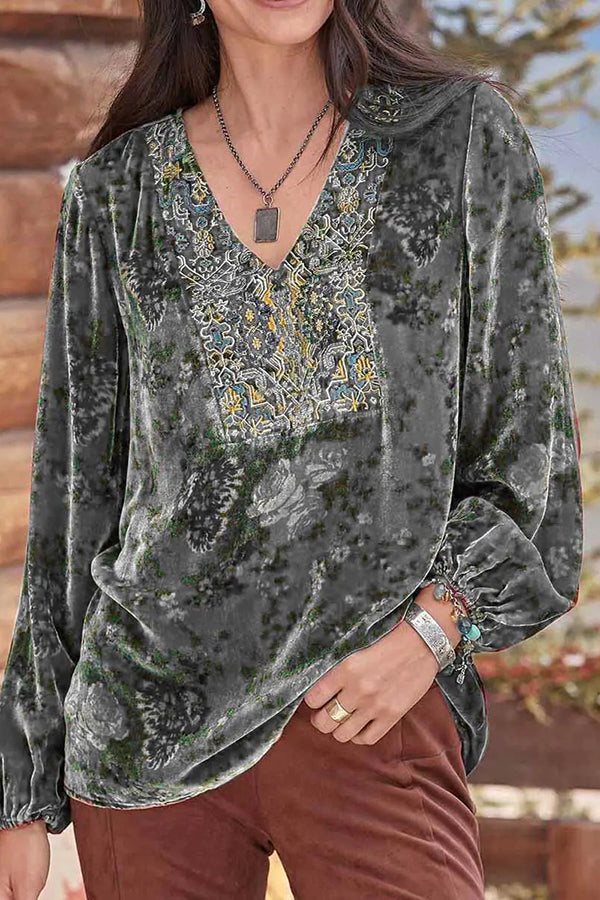 Women's V-Neck Pleated Printed Long-Sleeved Top