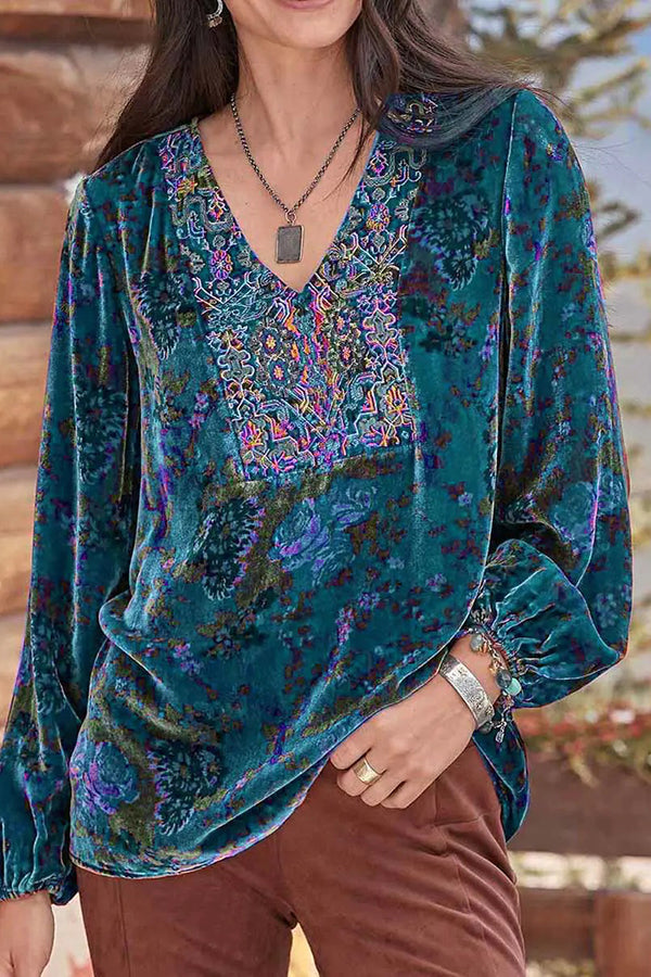 Women's V-Neck Pleated Printed Long-Sleeved Top