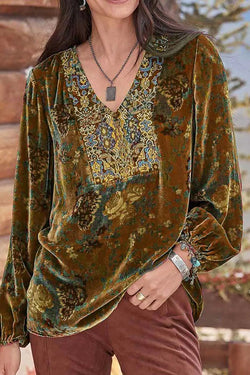 Women's V-Neck Pleated Printed Long-Sleeved Top