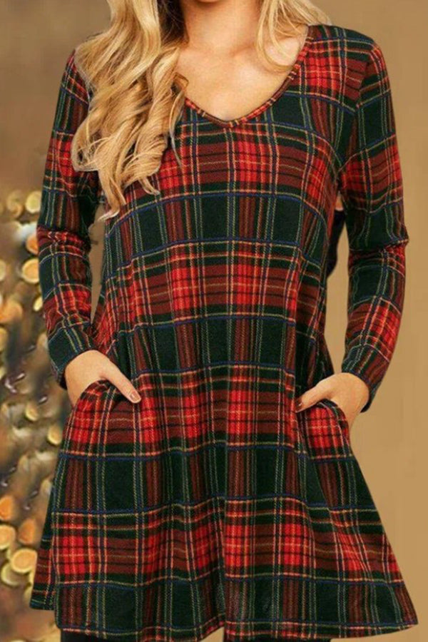 New Plaid Print V-Neck Pocket Long-Sleeved Dress