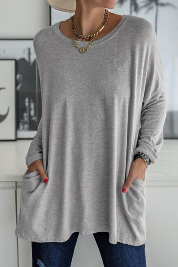 Round Neck Long Sleeve Pocket Solid Color T-Shirt