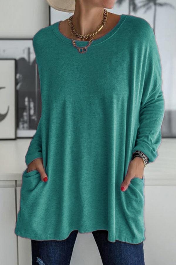 Round Neck Long Sleeve Pocket Solid Color T-Shirt