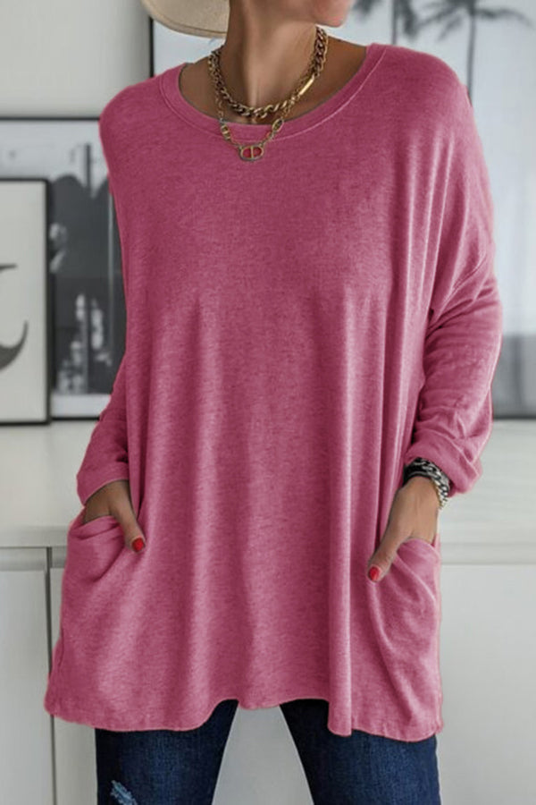 Round Neck Long Sleeve Pocket Solid Color T-Shirt