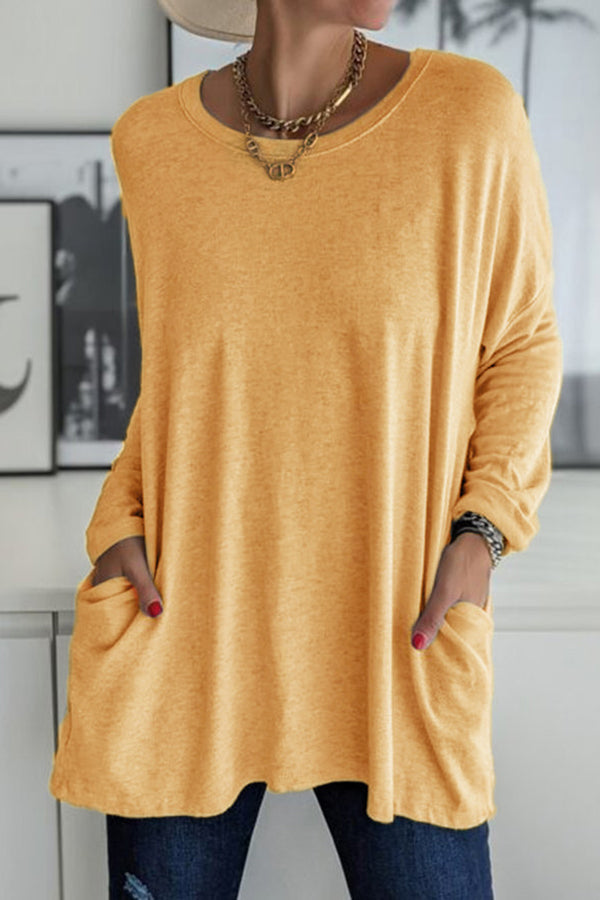 Round Neck Long Sleeve Pocket Solid Color T-Shirt