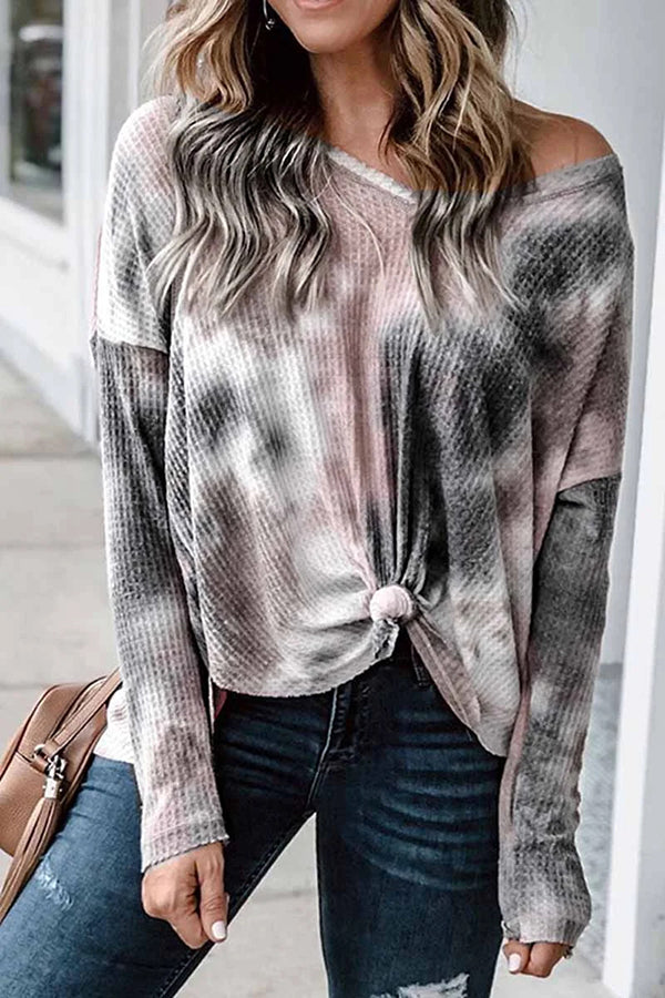 Tie-Dye V-Neck Knitted Long-Sleeved Loose Top