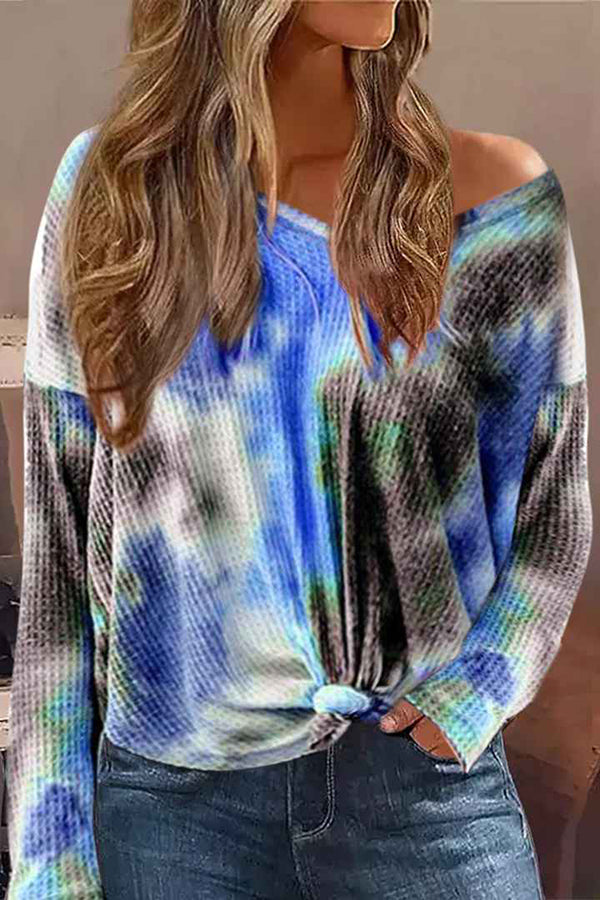 Tie-Dye V-Neck Knitted Long-Sleeved Loose Top