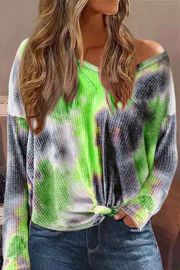 Tie-Dye V-Neck Knitted Long-Sleeved Loose Top