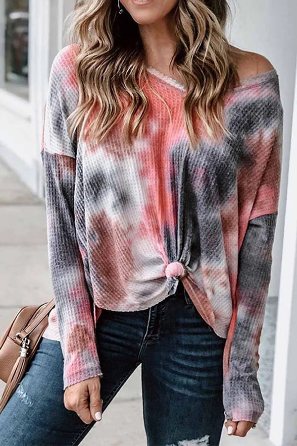 Tie-Dye V-Neck Knitted Long-Sleeved Loose Top