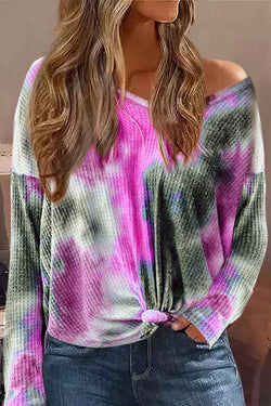 Tie-Dye V-Neck Knitted Long-Sleeved Loose Top