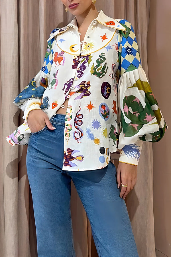 Stylish Printed Lapel Lantern Sleeve Shirt