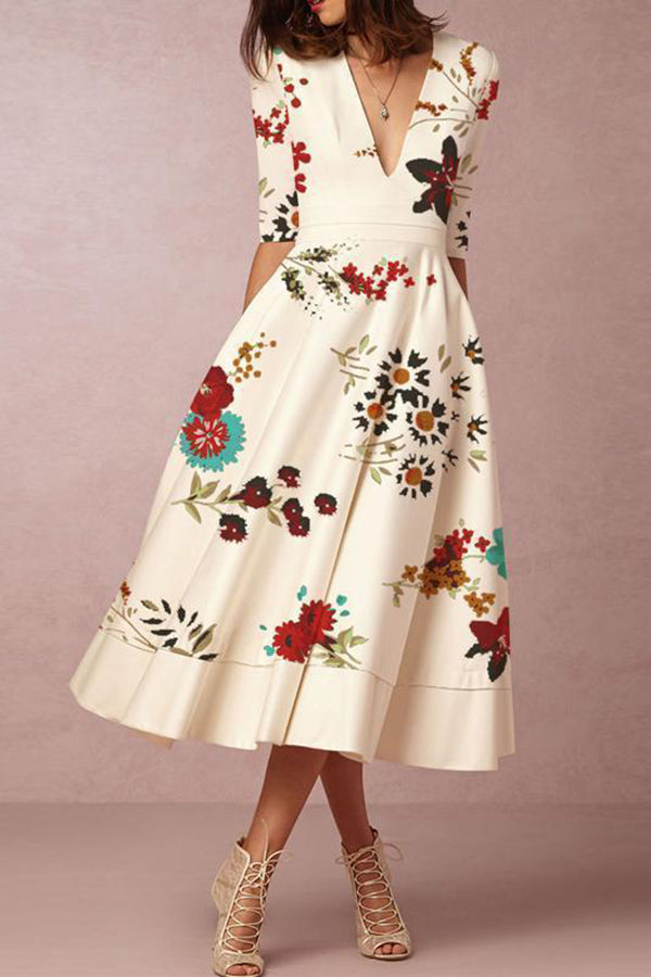 Floral V-Neck Waisted Half-Sleeve Dress