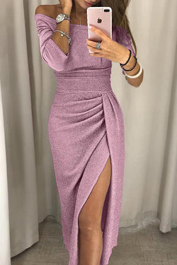 Glittery Dress with Hip-Hugging Slit and Bateau Neck