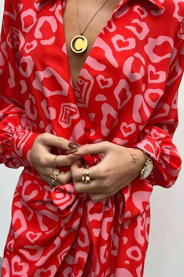 Fashion Printed V-Neck Strappy Balloon Sleeve Dress