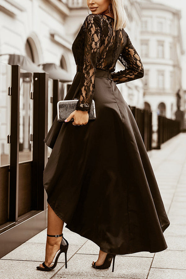 Round Neck Long Sleeve Lace Tuxedo Party Dress