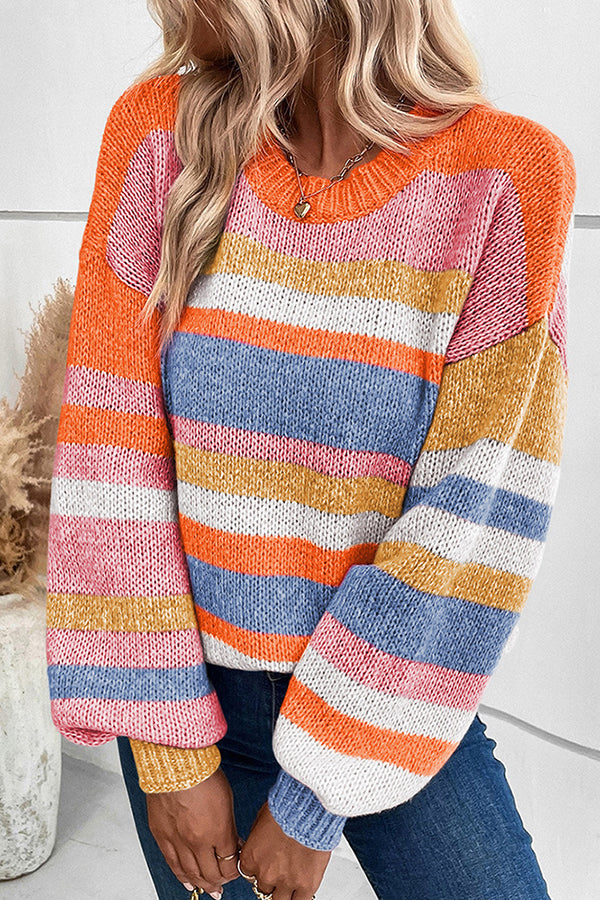 Colorblock Striped Off-Shoulder Crew Neck Sweater