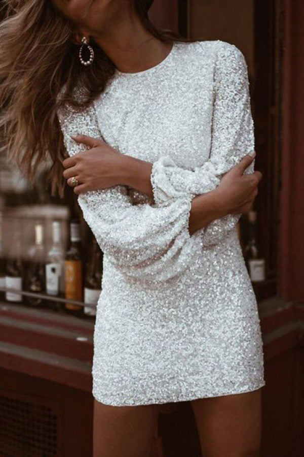 Round Neck Long Sleeve Slim Fit Sequin Dress