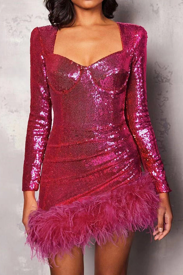 Sequined Feather Long Sleeve Dress