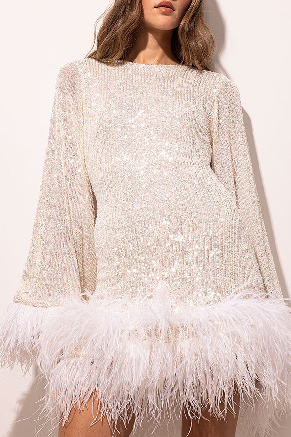 Slim Fit Open Back Long Sleeve Sequined Feather Dress