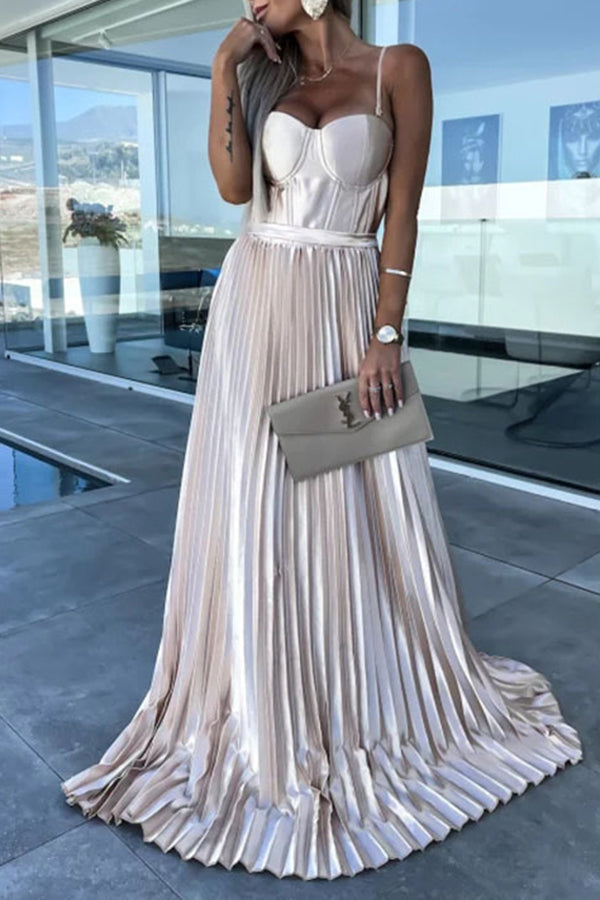 Sexy Suspender Satin Zip-Up Pleated Gown