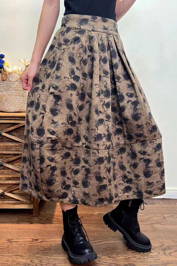 Western Ethnic Print Loose Thickened Cotton and Linen Skirt