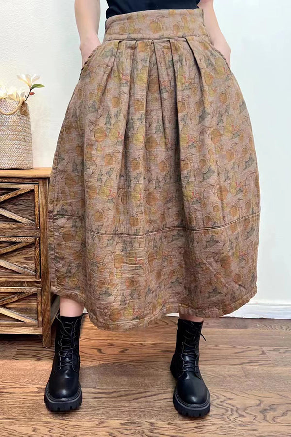 Western Ethnic Print Loose Thickened Cotton and Linen Skirt