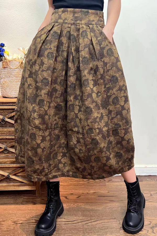 Western Ethnic Print Loose Thickened Cotton and Linen Skirt