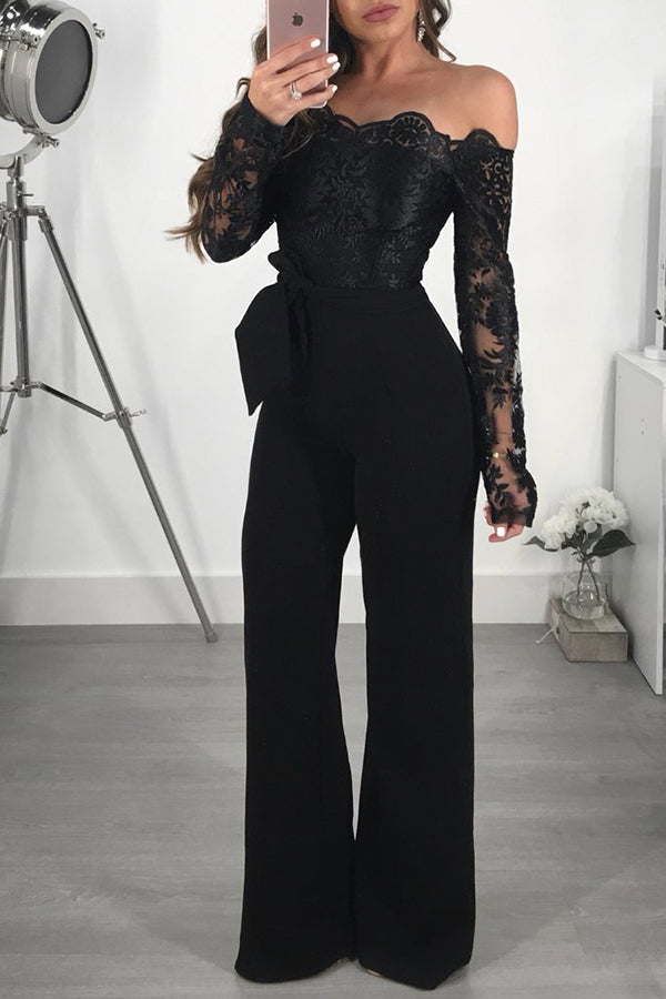 Water-Soluble Lace Bateau Neck Wide-Leg Jumpsuit