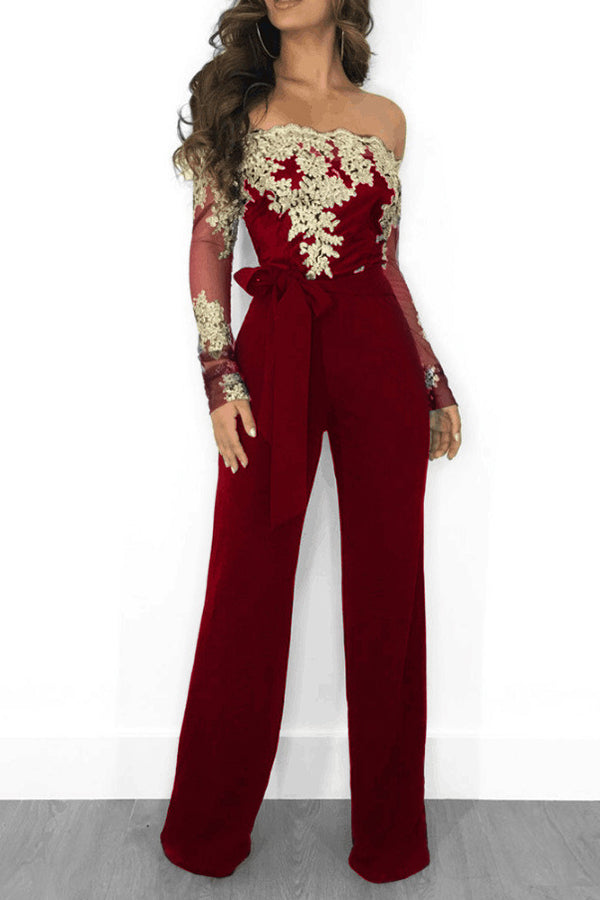 Water-Soluble Lace Bateau Neck Wide-Leg Jumpsuit