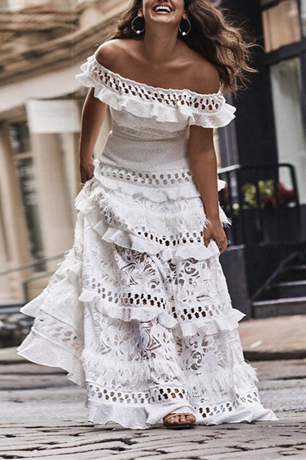 One-Shoulder Ruffled Hollow Lace Long Dress