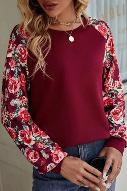 Floral Raglan Sleeve Red Sweatshirt