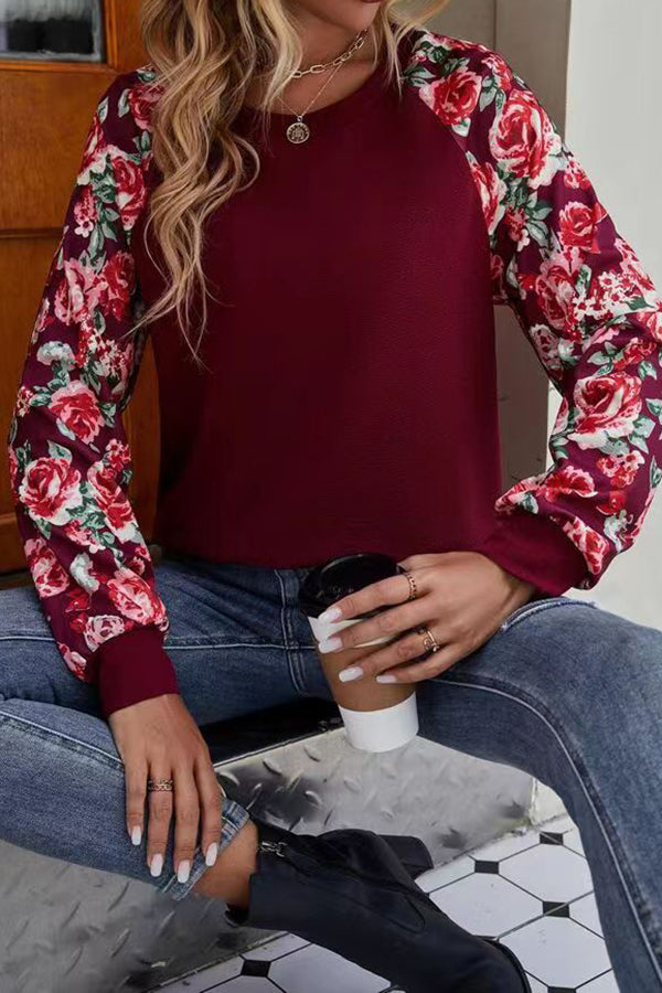 Floral Raglan Sleeve Red Sweatshirt