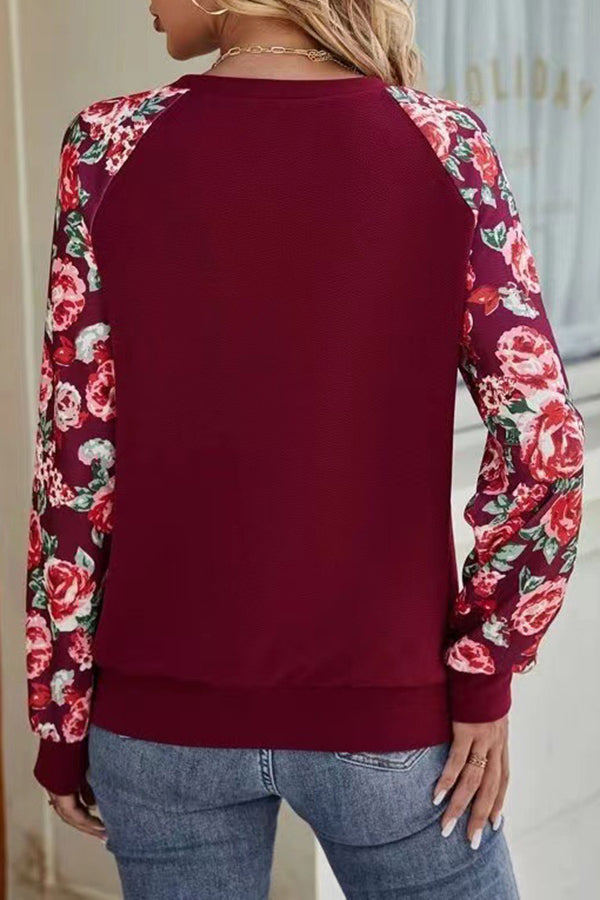 Floral Raglan Sleeve Red Sweatshirt