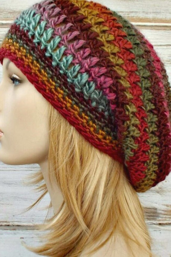 Autumn and Winter Knitted Rainbow Striped Hat