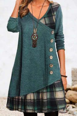 V-neck patchwork long-sleeved plaid print top