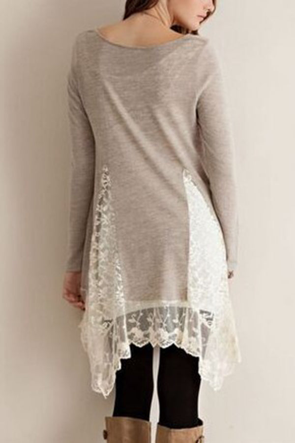 Round Neck Hem Paneled Lace Long Top