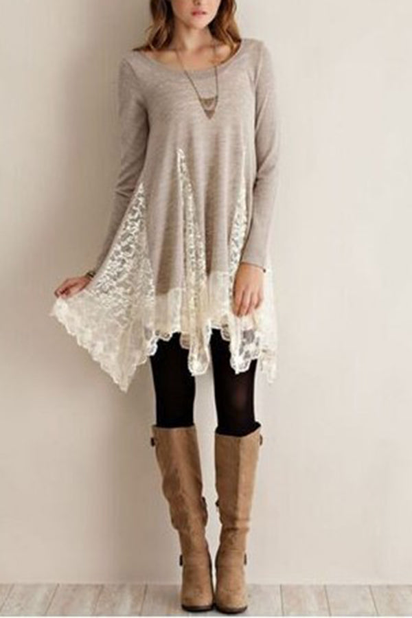 Round Neck Hem Paneled Lace Long Top