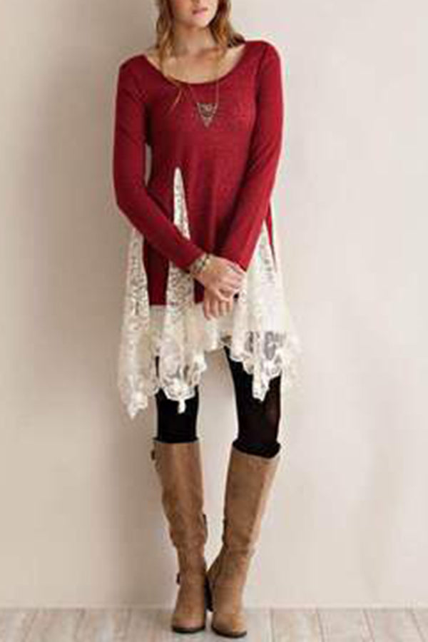 Round Neck Hem Paneled Lace Long Top