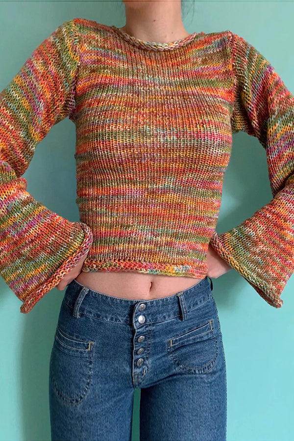 Pullover Striped Crew Neck Knitted Rainbow Sweater