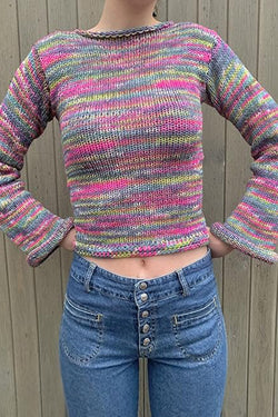 Pullover Striped Crew Neck Knitted Rainbow Sweater